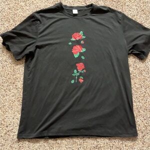 Black T-Shirt with Red Rose Design
